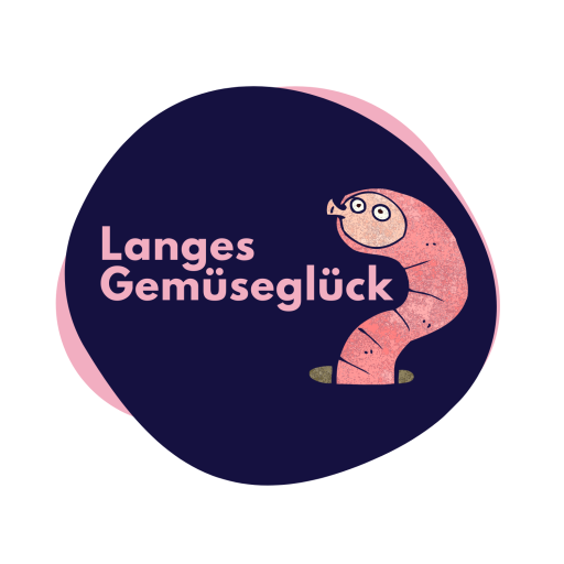 Logo „Langes Gemüseglück": dunkelblaue Kreisfläche mit pinkem Rand, rosa Cartoon-Wurm und pinkem Schriftzug.