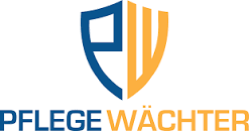 Logo "Pflege Wächter": Blaues Schild mit goldenen Buchstaben "PW", darunter Firmenname in Blau und Gold.