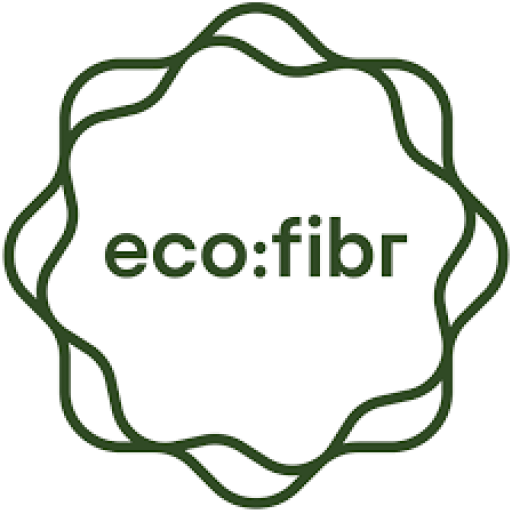 Rundes Logo mit gewelltem Rand in Dunkelgrün. In der Mitte steht der Text „eco:fibr" in grüner Schrift.