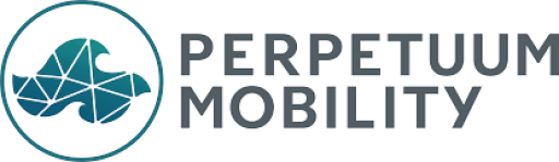 Logo Perpetuum Mobility: Kreis mit geometrischem Fisch-Symbol in Blaugrün, daneben Schriftzug in Grau.
