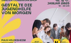 Flyer: Innovationsworkshop „Gestalte die Jugendhilfe von Morgen", 16.–17. Januar 2025, PULS Hildesheim.