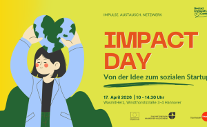 Flyer: Impact Day, 17. April 2026, 10–14:30 Uhr, WasmitHerz Hannover. Illustration einer Frau hält Globus hoch.