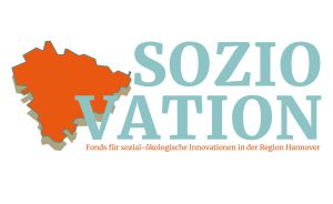 Logo "Soziovation": orangefarbene Regionskarte Hannover, blauer Schriftzug, Untertitel auf Deutsch.