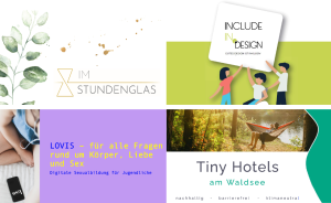 Vier Projektlogos: "Im Stundenglas", "Include in Design", "LOVIS – Sexualbildung" und "Tiny Hotels am Waldsee".