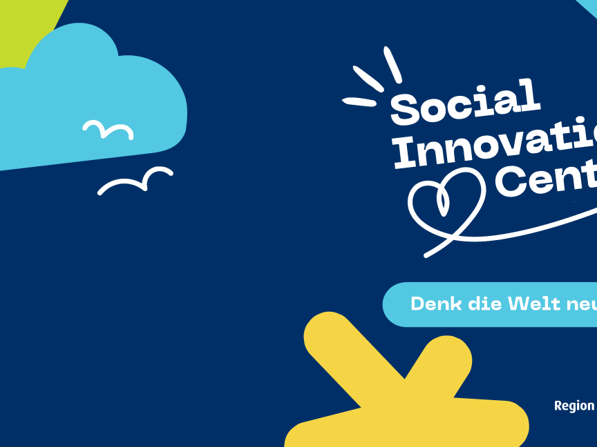 Logo des Social Innovation Centers der Region Hannover auf dunkelblauem Hintergrund mit Wolke und Slogan „Denk die Welt neu!"