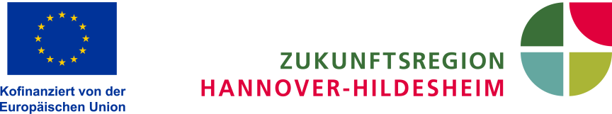 EU-Flagge mit Text „Kofinanziert von der Europäischen Union" und Logo „Zukunftsregion Hannover-Hildesheim".