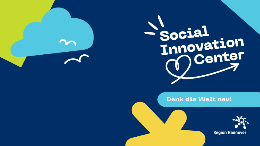 Logo des Social Innovation Centers der Region Hannover auf dunkelblauem Hintergrund mit Wolke und Slogan „Denk die Welt neu!"