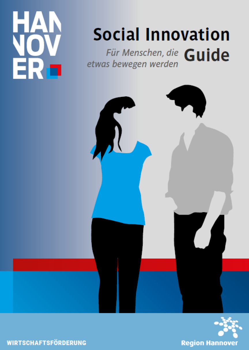 Cover „Social Innovation Guide" der Region Hannover: zwei Silhouetten, Frau in Blau, Mann in Grau, deutscher Untertitel.